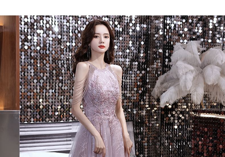 Sleeveless Open Back Sequin Mesh A-Line Evening Gown
