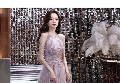 Sleeveless Open Back Sequin Mesh A-Line Evening Gown