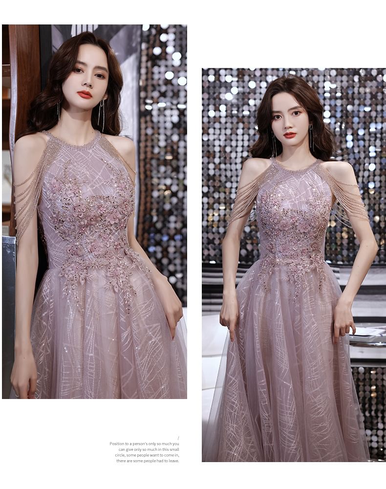 Sleeveless Open Back Sequin Mesh A-Line Evening Gown