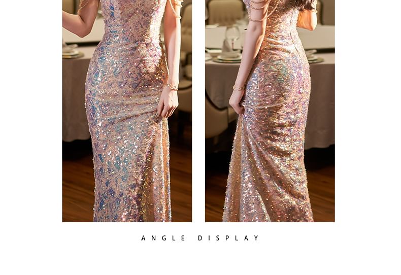 Sequin Gown Mermaid Evening Halter Sleeveless