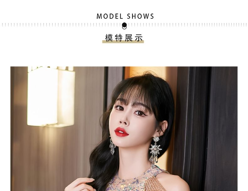 Sequin Gown Mermaid Evening Halter Sleeveless