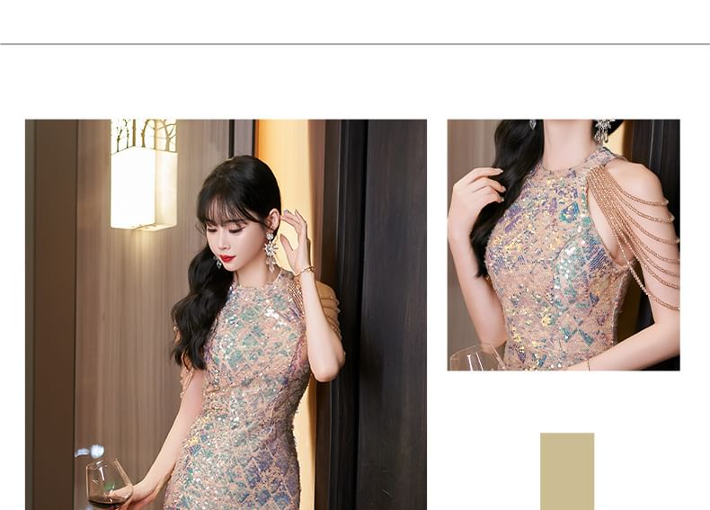 Sequin Gown Mermaid Evening Halter Sleeveless