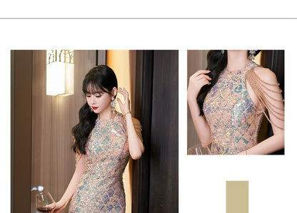 Sequin Gown Mermaid Evening Halter Sleeveless