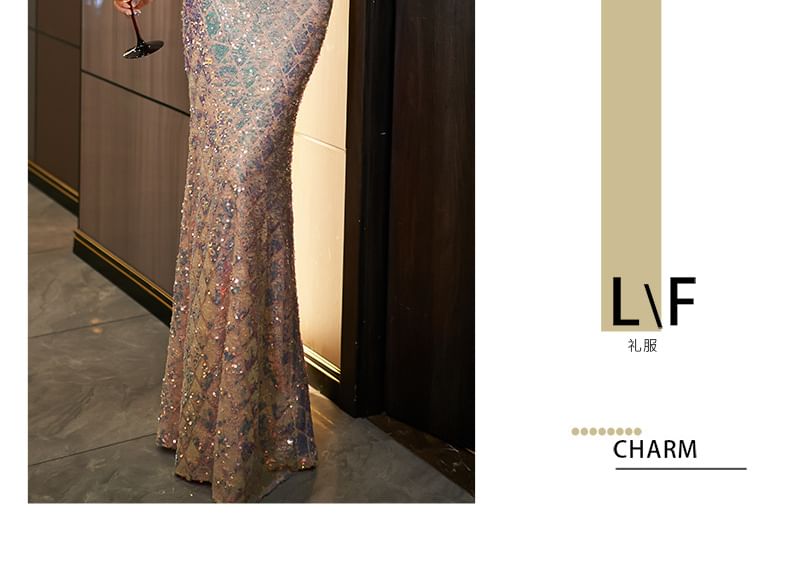 Sleeveless Halter Sequin Mermaid Evening Gown