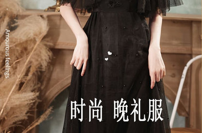 Short-Sleeve Round Neck Beaded Mesh A-Line Evening Gown