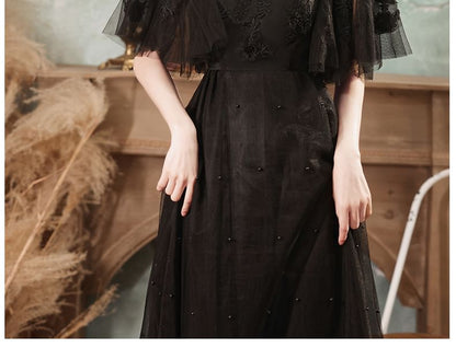 Short-Sleeve Round Neck Beaded Mesh A-Line Evening Gown