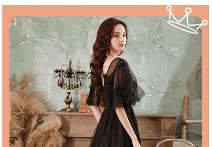 Short-Sleeve Round Neck Beaded Mesh A-Line Evening Gown
