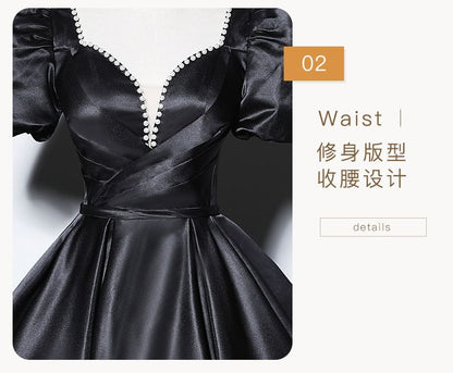 Short-Sleeve Ball Beaded Plain Gown