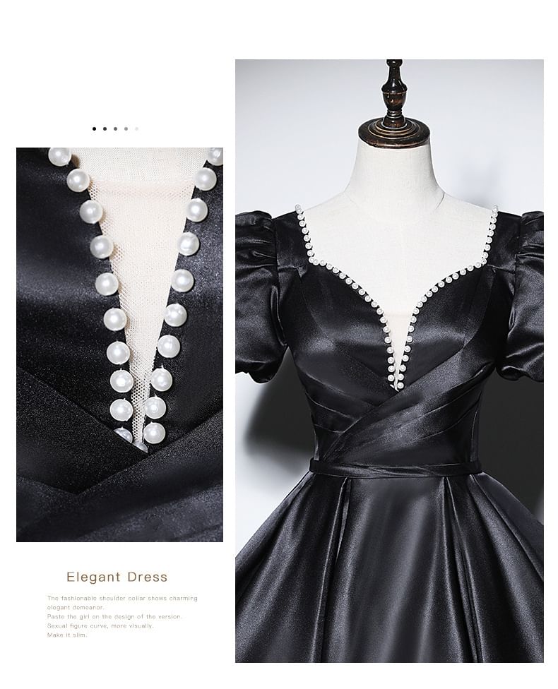 Short-Sleeve Plain Beaded Ball Gown