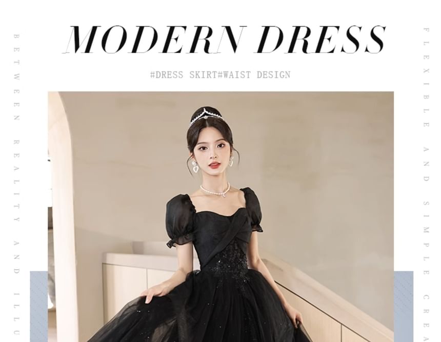 Mesh Evening Sequin A-Line Short-Sleeve Gown Plain