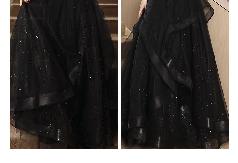 Mesh Evening Sequin A-Line Short-Sleeve Gown Plain