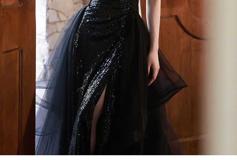 Spaghetti Strap Slit Sequin Mesh A-Line Evening Gown