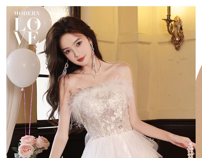 A-Line Floral Sequin Mesh Slit Fringed Tiered Gown Evening