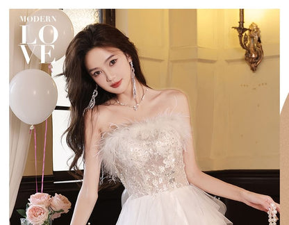 A-Line Floral Sequin Mesh Slit Fringed Tiered Gown Evening