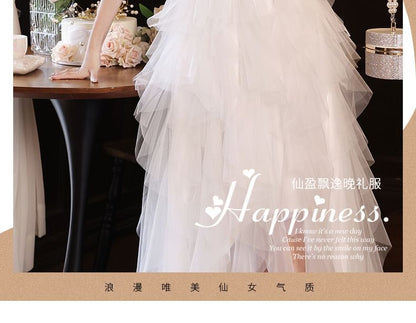 A-Line Floral Sequin Mesh Slit Fringed Tiered Gown Evening