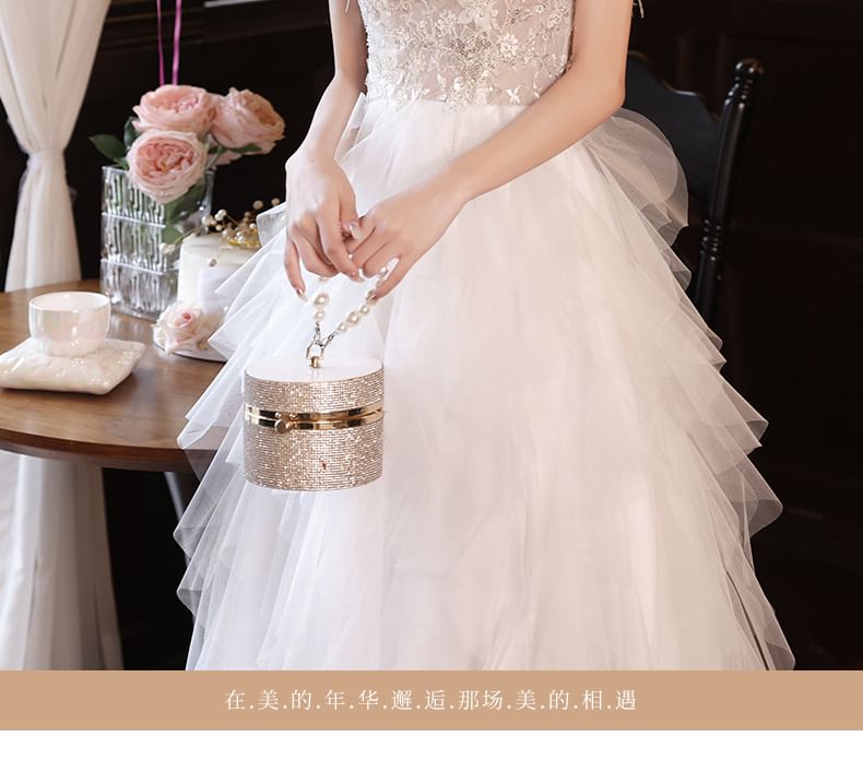 A-Line Floral Sequin Mesh Slit Fringed Tiered Gown Evening