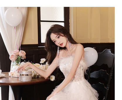 A-Line Floral Sequin Mesh Slit Fringed Tiered Gown Evening