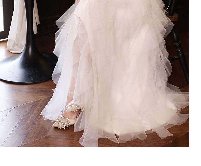 A-Line Floral Sequin Mesh Slit Fringed Tiered Gown Evening