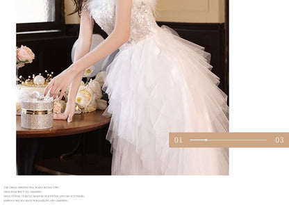 Floral Sequin Fringed Tiered Mesh Slit A-Line Evening Gown