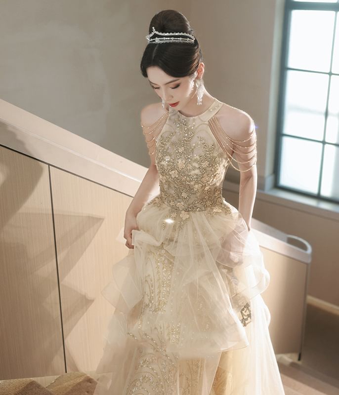 Evening Mesh Gown Sequin Sleeveless A-Line Halter