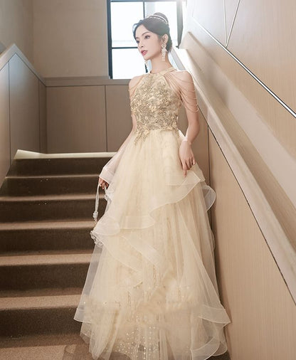 Evening Mesh Gown Sequin Sleeveless A-Line Halter