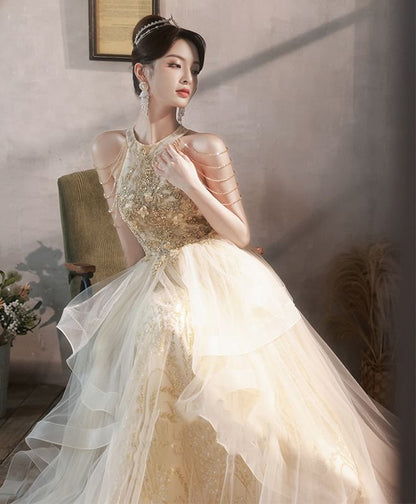 Evening Mesh Gown Sequin Sleeveless A-Line Halter