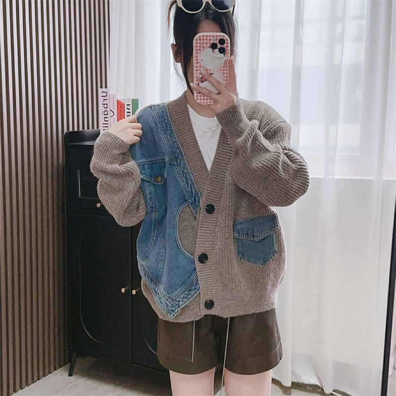 V-Neck Denim Panel Cardigan