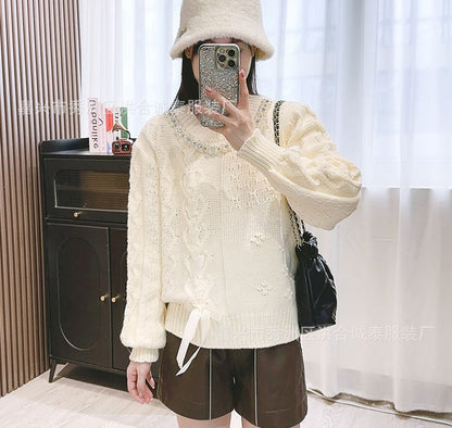 Round Neck Ribbon Faux Pearl Sweater