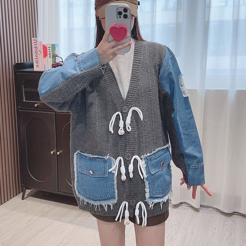 V-Neck Fringed Denim Panel Cardigan