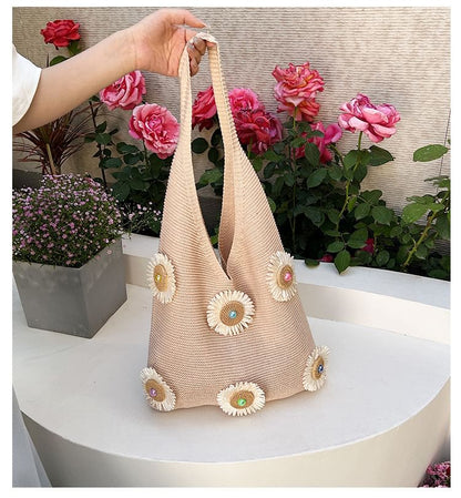 Flower Accent Knit Shopper Bag