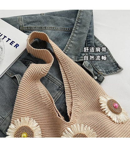 Flower Accent Knit Shopper Bag