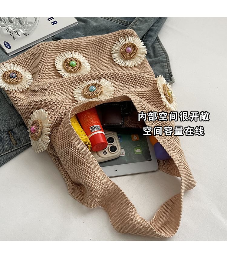 Flower Accent Knit Shopper Bag