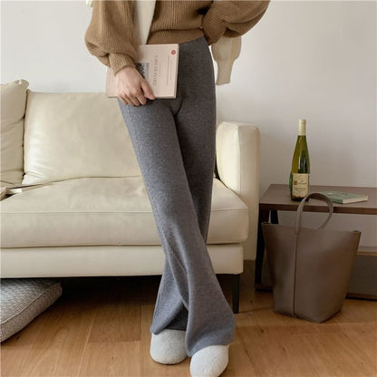 High Rise Plain Knitted Straight-Fit Wide-Leg Pants