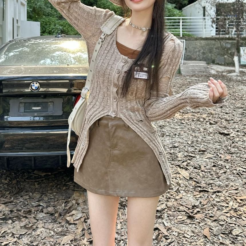 Distressed Melange Cardigan with Camisole Top