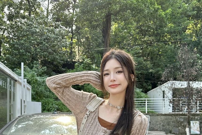 Distressed Melange Cardigan with Camisole Top