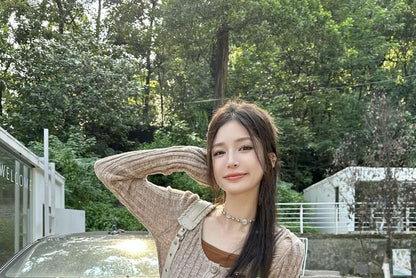 Distressed Melange Cardigan with Camisole Top