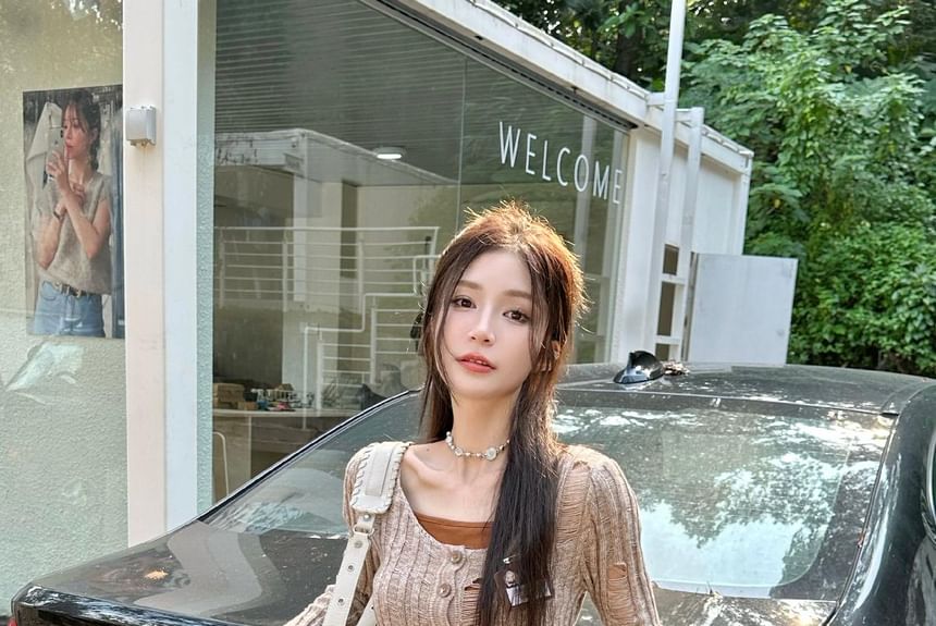 Distressed Melange Cardigan with Camisole Top