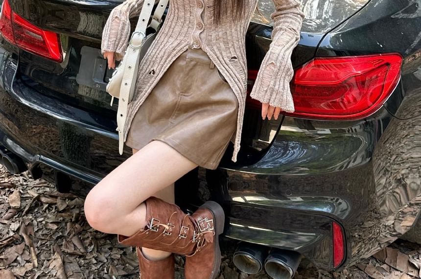 Distressed Melange Cardigan with Camisole Top