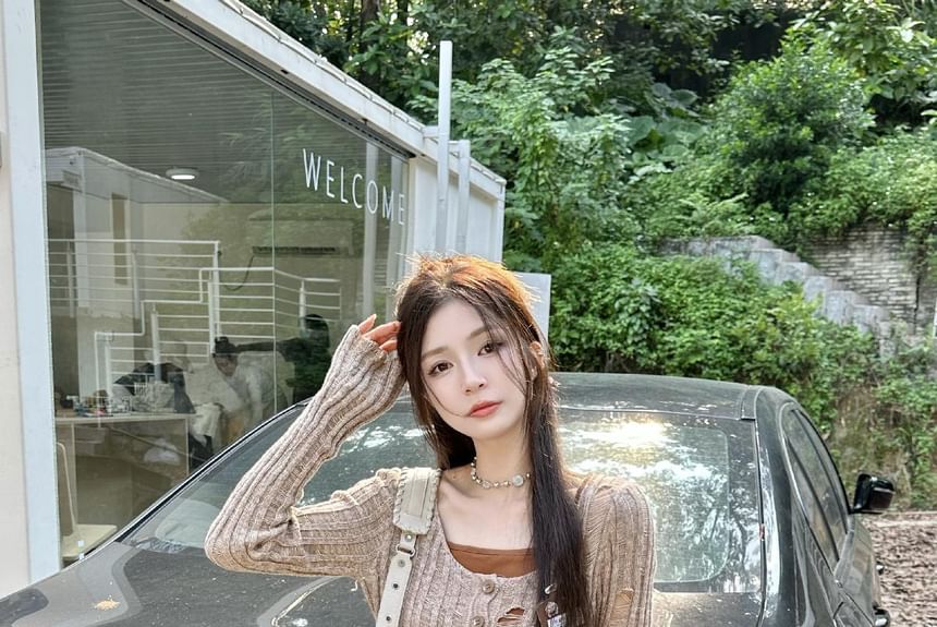 Distressed Melange Cardigan with Camisole Top