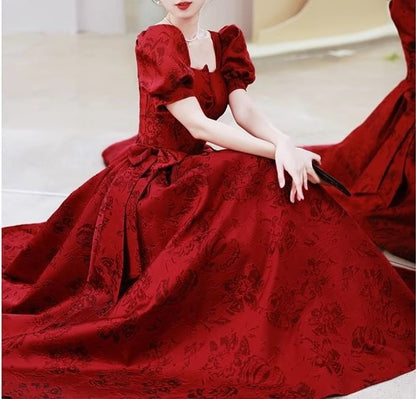 Puff-Sleeve Floral Bow A-Line Evening Gown