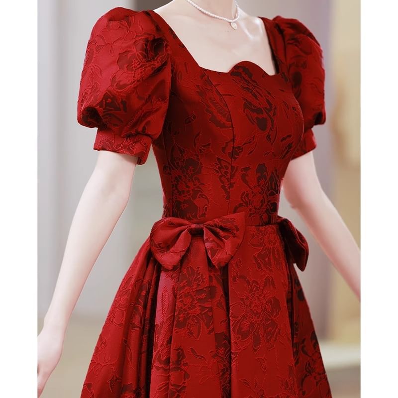 Puff-Sleeve Floral Bow A-Line Evening Gown