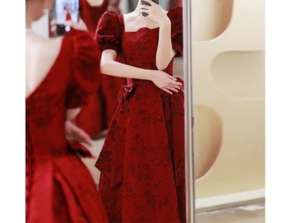 Puff-Sleeve Floral Bow A-Line Evening Gown