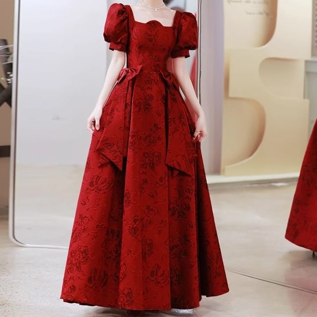 Puff-Sleeve Floral Bow A-Line Evening Gown