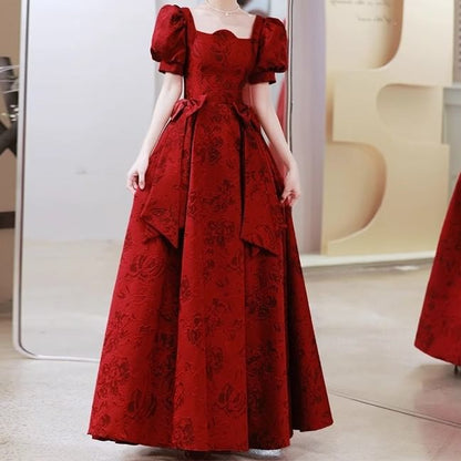 Puff-Sleeve Floral Bow A-Line Evening Gown