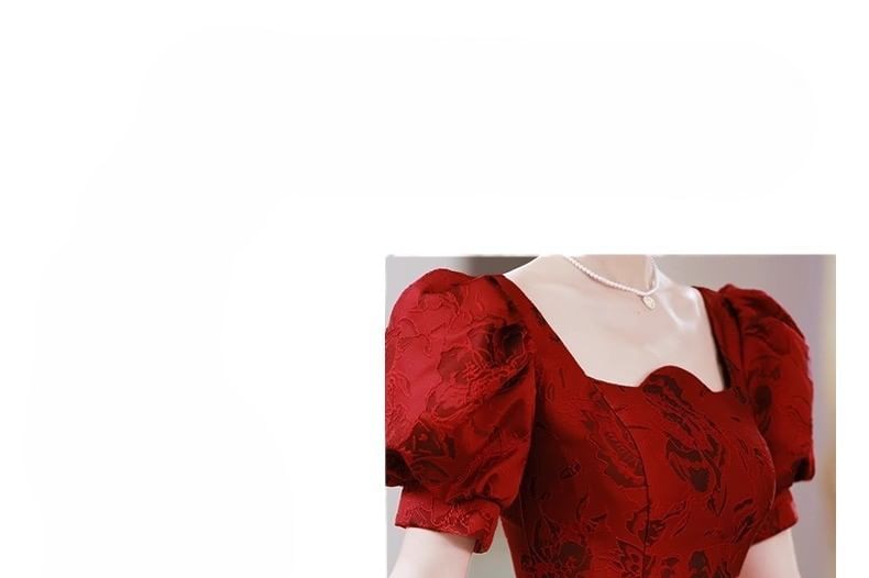 Puff-Sleeve Floral Bow A-Line Evening Gown
