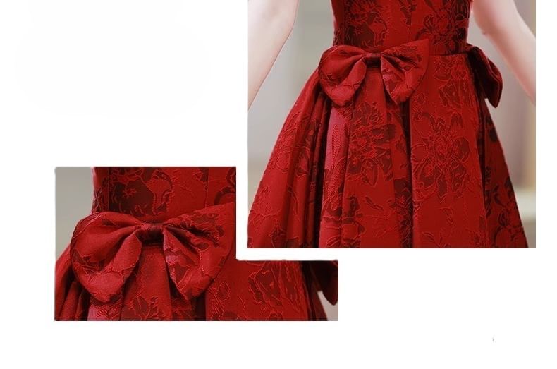 Puff-Sleeve Floral Bow A-Line Evening Gown
