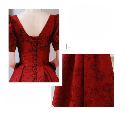 Puff-Sleeve Floral Bow A-Line Evening Gown
