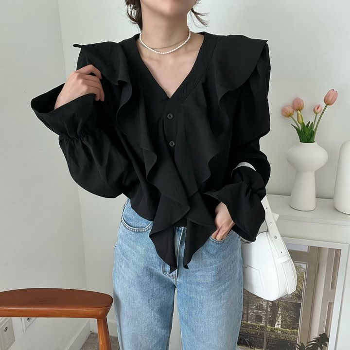 Long Sleeve V-Neck Plain Ruffle Blouse