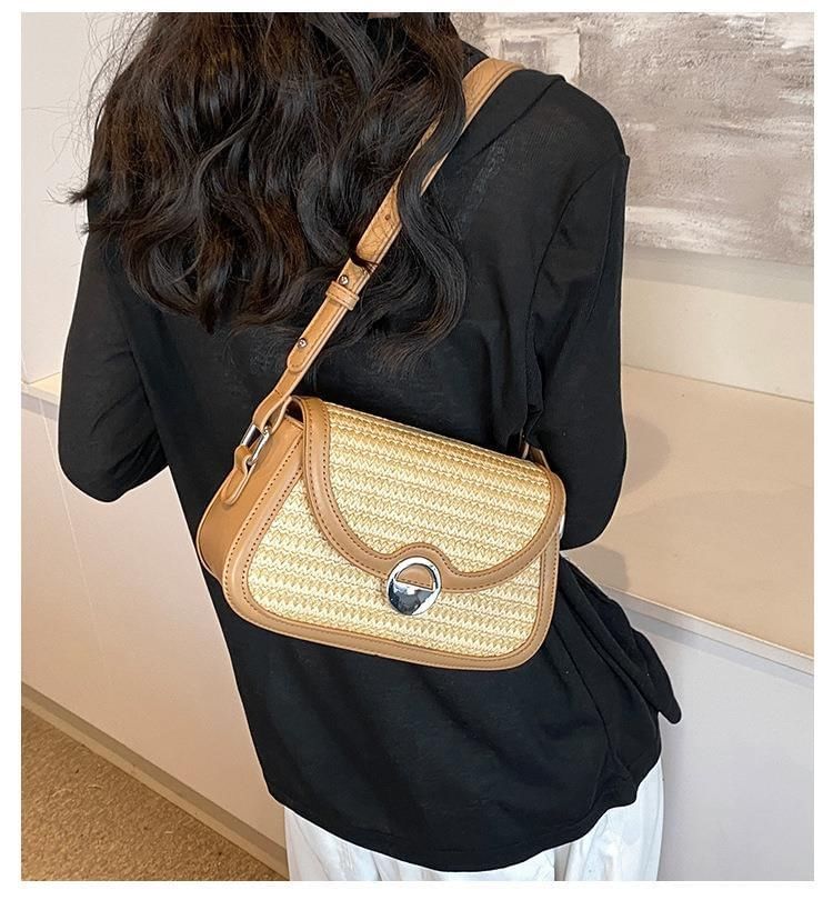 Two Tone Straw Flap Crossbody Bag