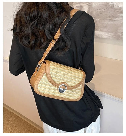 Two Tone Straw Flap Crossbody Bag